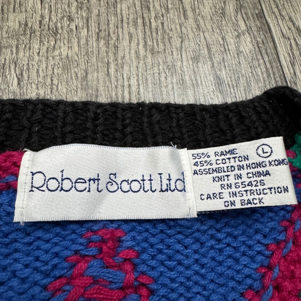 Vintage Robert Scott Ltd Multicolor Pattered Cardigan Sweater Sz L - Picture 5 of 6